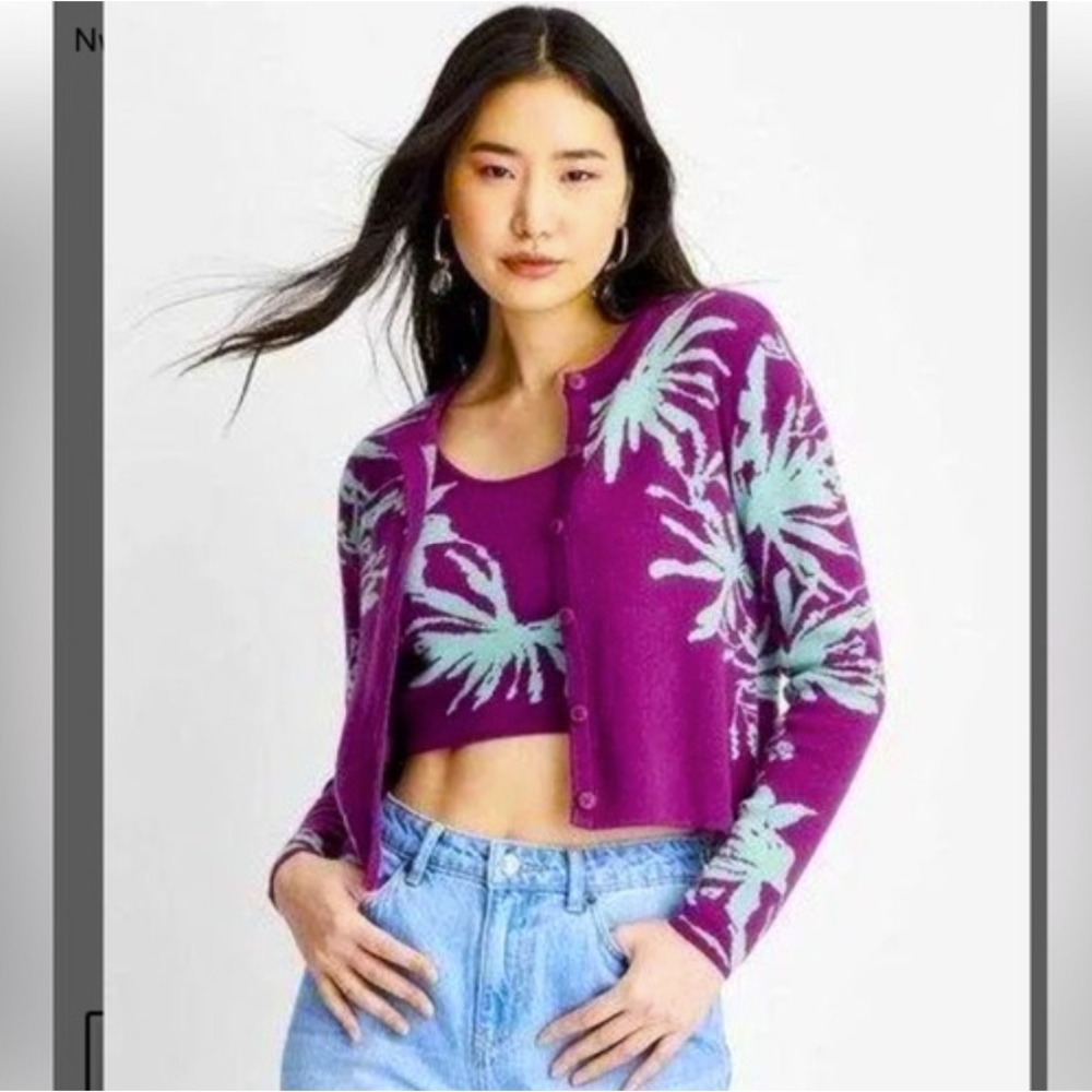 Future Collective Gabriella Karefa-Johnson Purple Palm Print Cropped Cardigan M